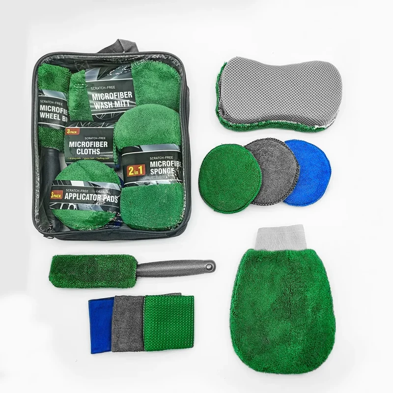 Auto Reinigungsset 9-teilig – Premium Waschhandschuhe, Mikrofasertücher & Felgenpinsel