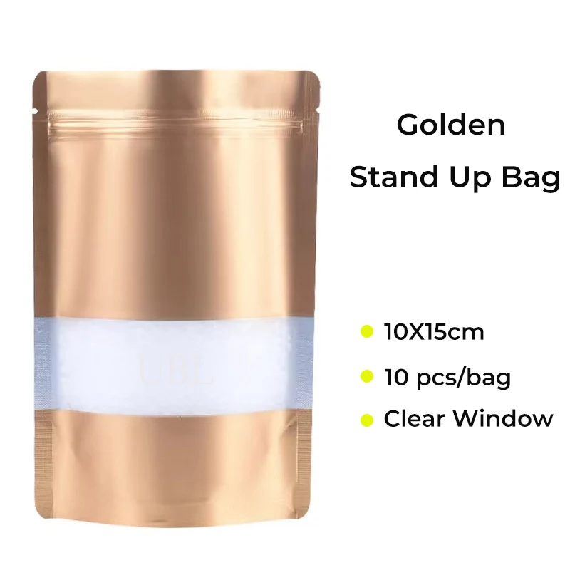 Goldener Standbeutel aus Aluminiumfolie, 10 Stück/Beutel