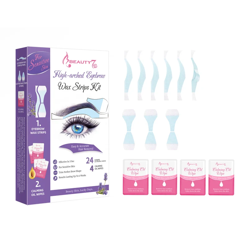 Beauty7 Sensitive High Arched Eyebrow Wax Strips, Facial Hair Removal, 24 Eyebrow Waxing Strips, 4 Calming Oil Wipes, for Sensitive Skin Types for Women (24 Strips)