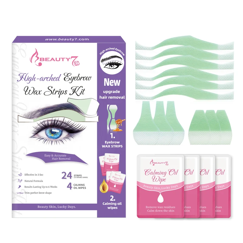 Beauty7 Hight Arched Eyebrow Wax Strips, Eyebrow Waxing Strips- 24 pcs Strip+ 4 Soothing Oil Wipes, for Facial Hair Removal, Ideal for All Skin Types for Women