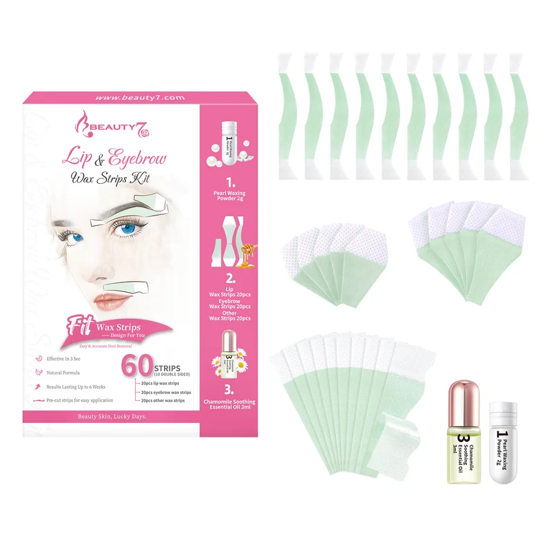 Beauty7 Pre-Cut Facial Wax Strips for Women, Large Packs 60 Strips Eyebrow and Lip Hair Removal with Pearl Powder and Essential Oil, at Home Wax Strips for All Skin Types
