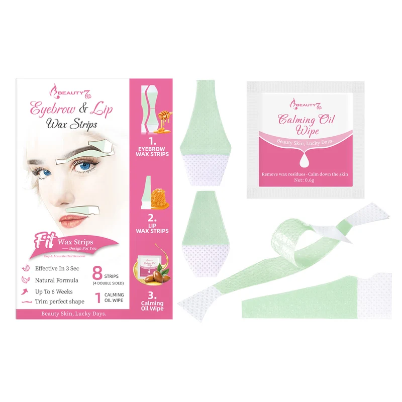 BEAUTY7 Pre-Cut Facial Wax Strips Trial Kit, 8 Strips&1 Calming Oil Wipes Ready to Use Eyebrow& Lip Hair Removal– No Heat, for Sensitive Skin