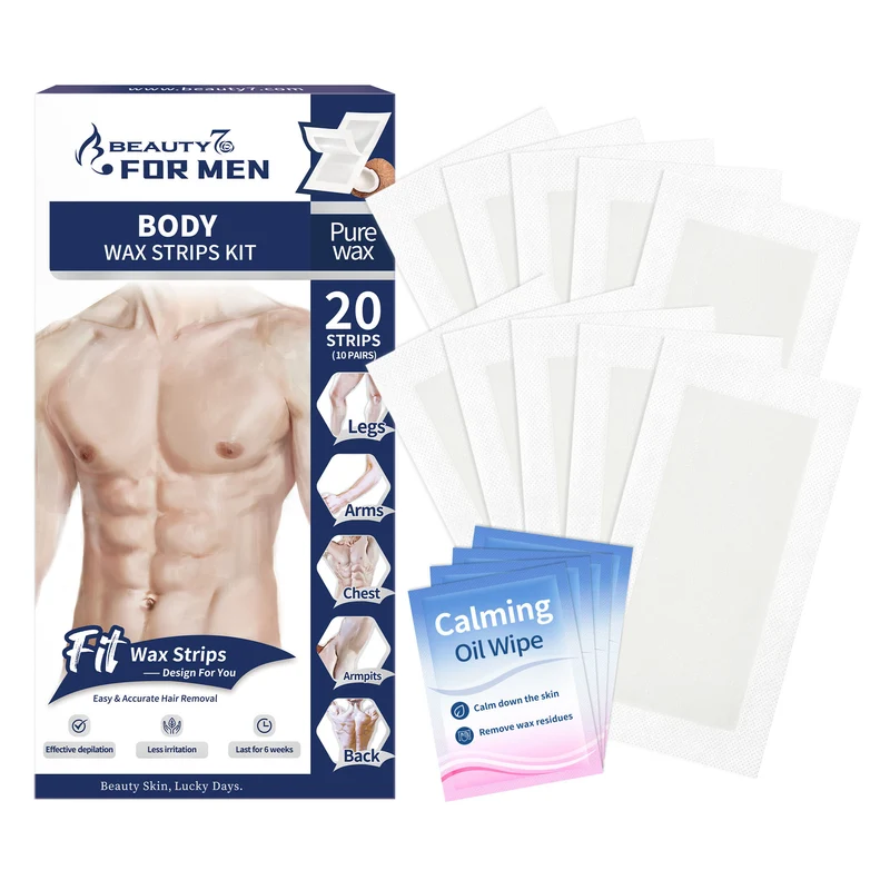 BEAUTY7 Men's Body Wax Strips – 20 No-Heat Pure Waxing Strips Hair Removal for Chest, Back & Arms with 4 Calming Oil Wipes, Smooth Skin Up to 6 Weeks