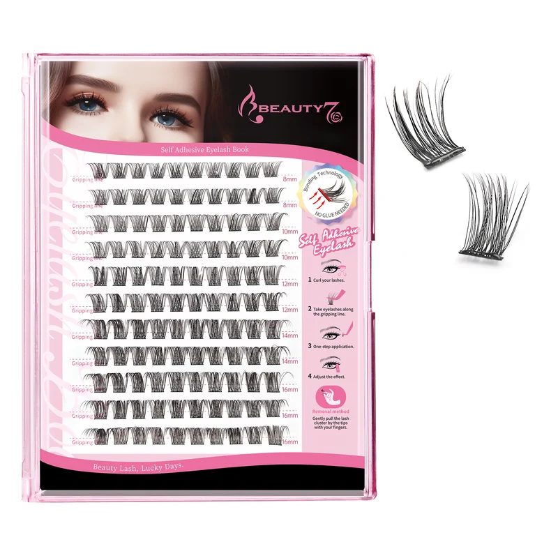 Beauty7 Self Adhesive Eyelashes, No Glue Needed, Self Adhesive Lash Clusters, Pre-Glued Eyelashes, Reusable Eyelash Clusters, D Curl 110pcs Clusters DIY Lash Extension (110pcs)