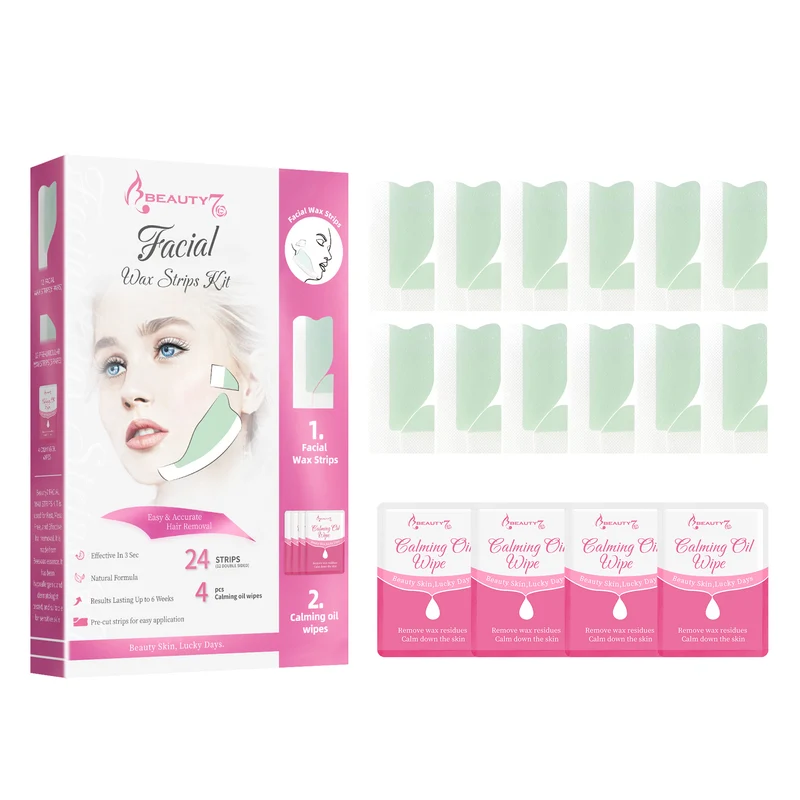 Beauty7 Facial Wax Strips Kit 3 Seconds Quick Hair Removal Cold Wax Strips for Silky Skins 24pcs