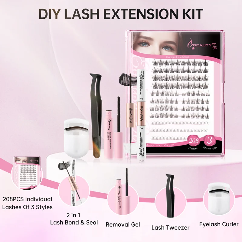 Beauty7 DIY Lash Extension Kit at Home 3 Style 30D+40D Clusters+Bottom Lashes