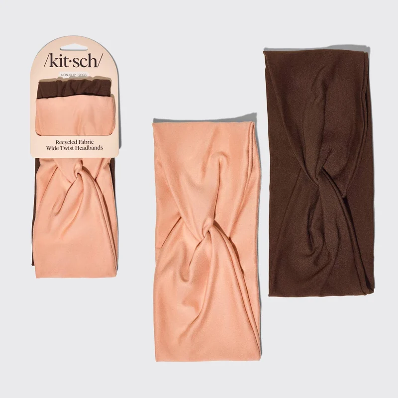 KITSCH Recycled Fabric Wide Twist Headbands 2pc Set- Rosewood