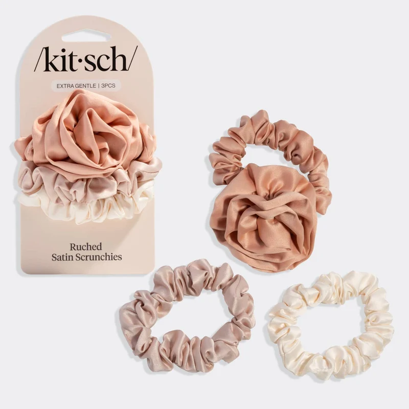 KITSCH Rosette Ruched Satin Scrunchies 3pc Set - Terracotta