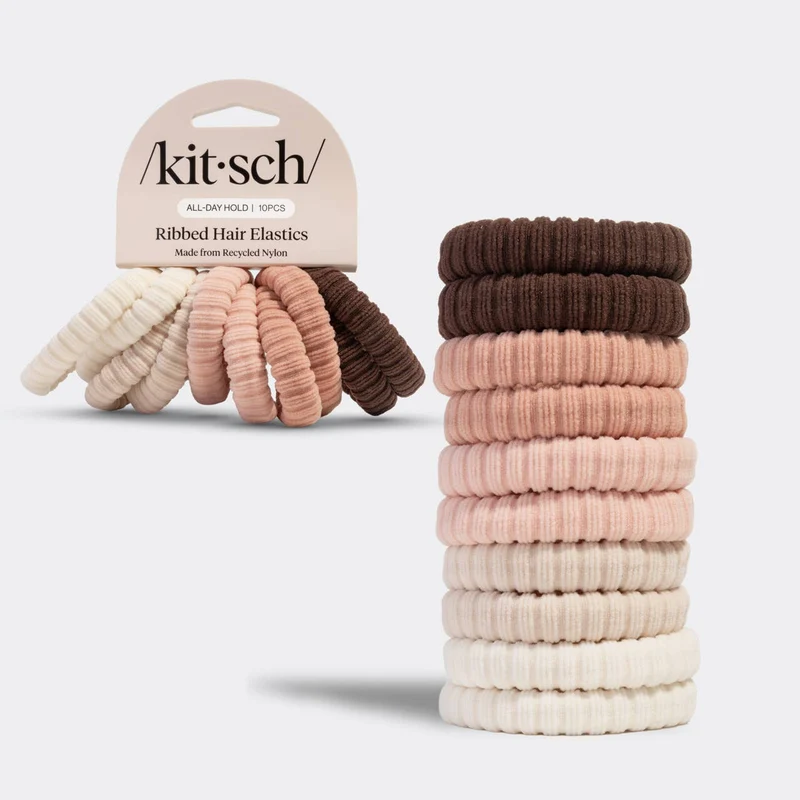 KITSCH Recycled Fabric Ribbed Hair Elastics 10pc Set - Blush
