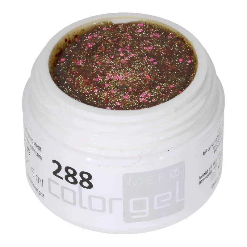 #288 Premium-GLITTER Color Gel 5ml Klares Gel mit orangem Glitter akzentuiert mit grobem pinkfarbenem Glitter und kupferfarbenen Glitterfäden